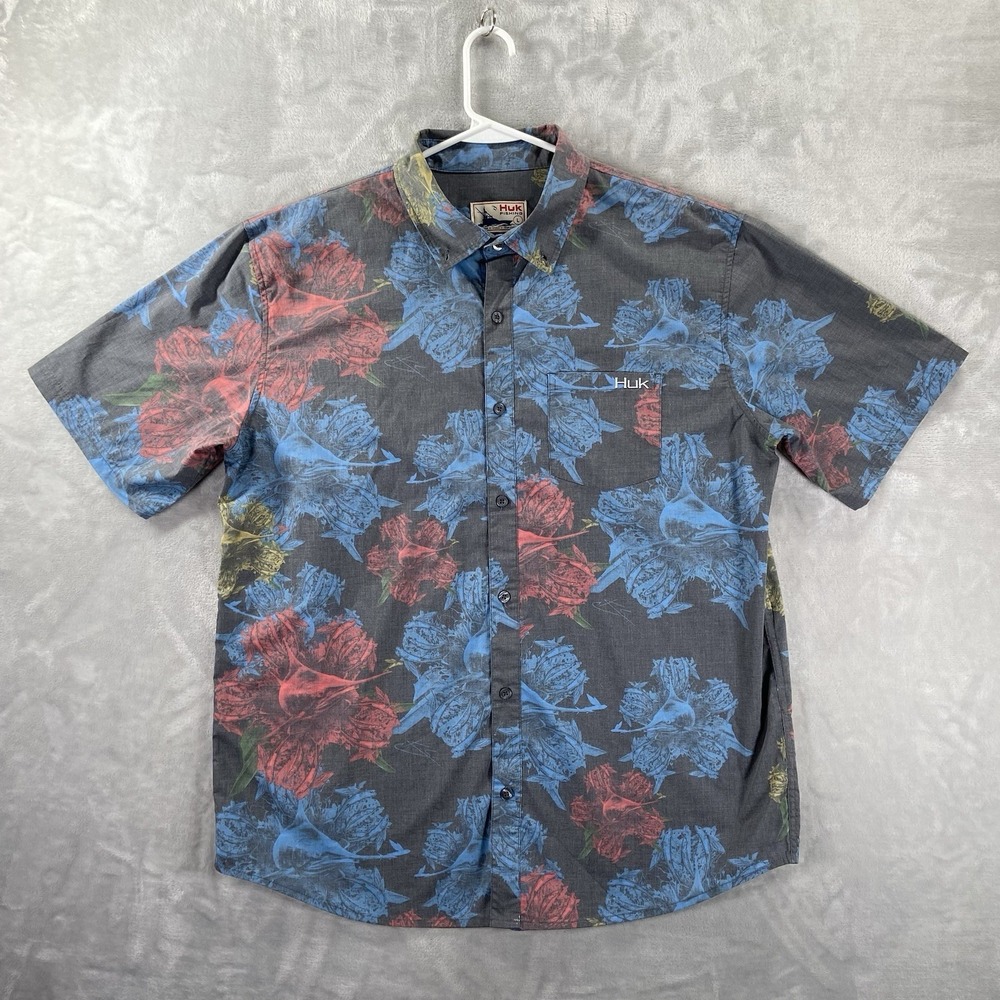 HUK Fishing Shirt Mens Large Button Down Multicolor Abstract Fish AOP Casual